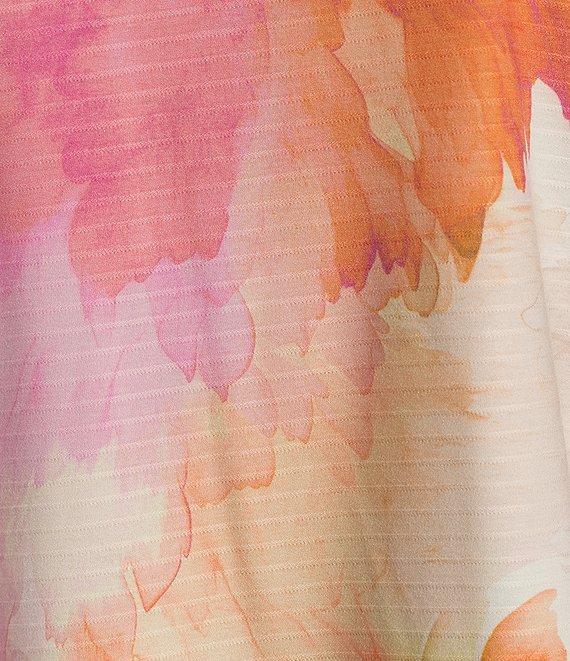 Westbound Petite Size Watercolor Dahlia Knit 3/4 Sleeve Crew Neck Ribbed Detail Multi Print Top Product Image