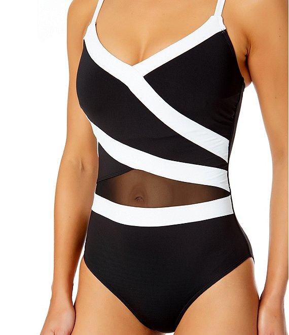 Anne Cole Mesh Insert Colorblock V-Neck One Piece Swimsuit Product Image