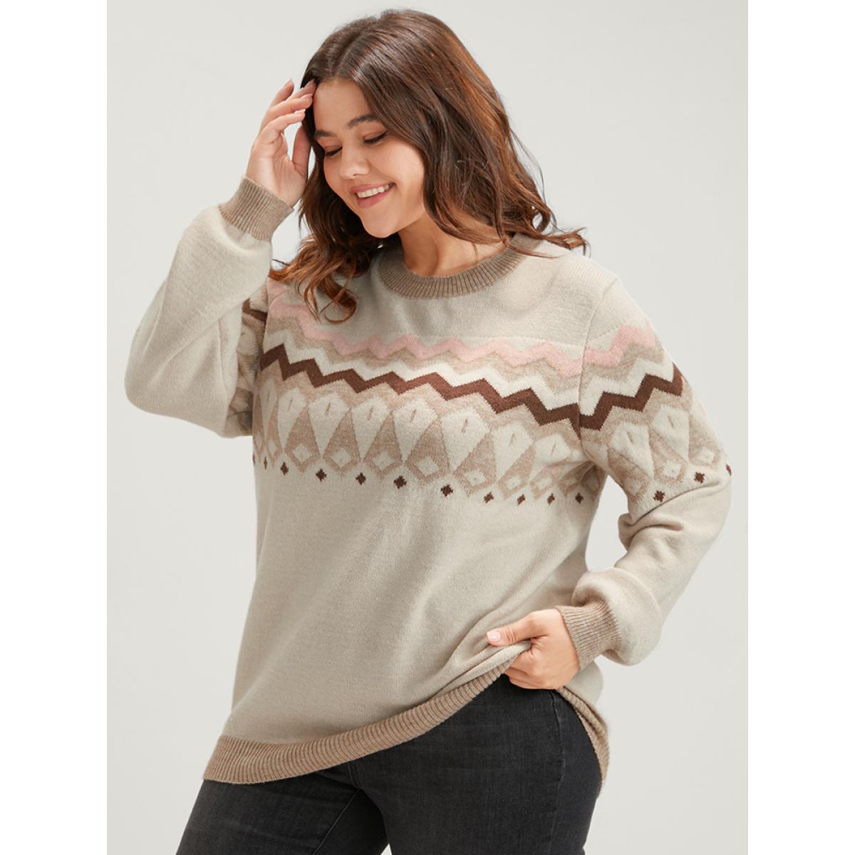 Plus Size Geometric Contrast Soft Pointelle Knit Jacquard Round Neck Knit Top Beige Women Casual Loose Long Sleeve Round Neck Dailywear Pullovers BloomChic 18-20/2X Product Image