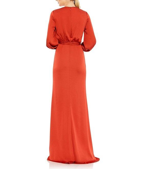 Mac Duggal Satin Surplice V-Neck Long Bishop Sleeve Front Thigh High Slit Gown Product Image