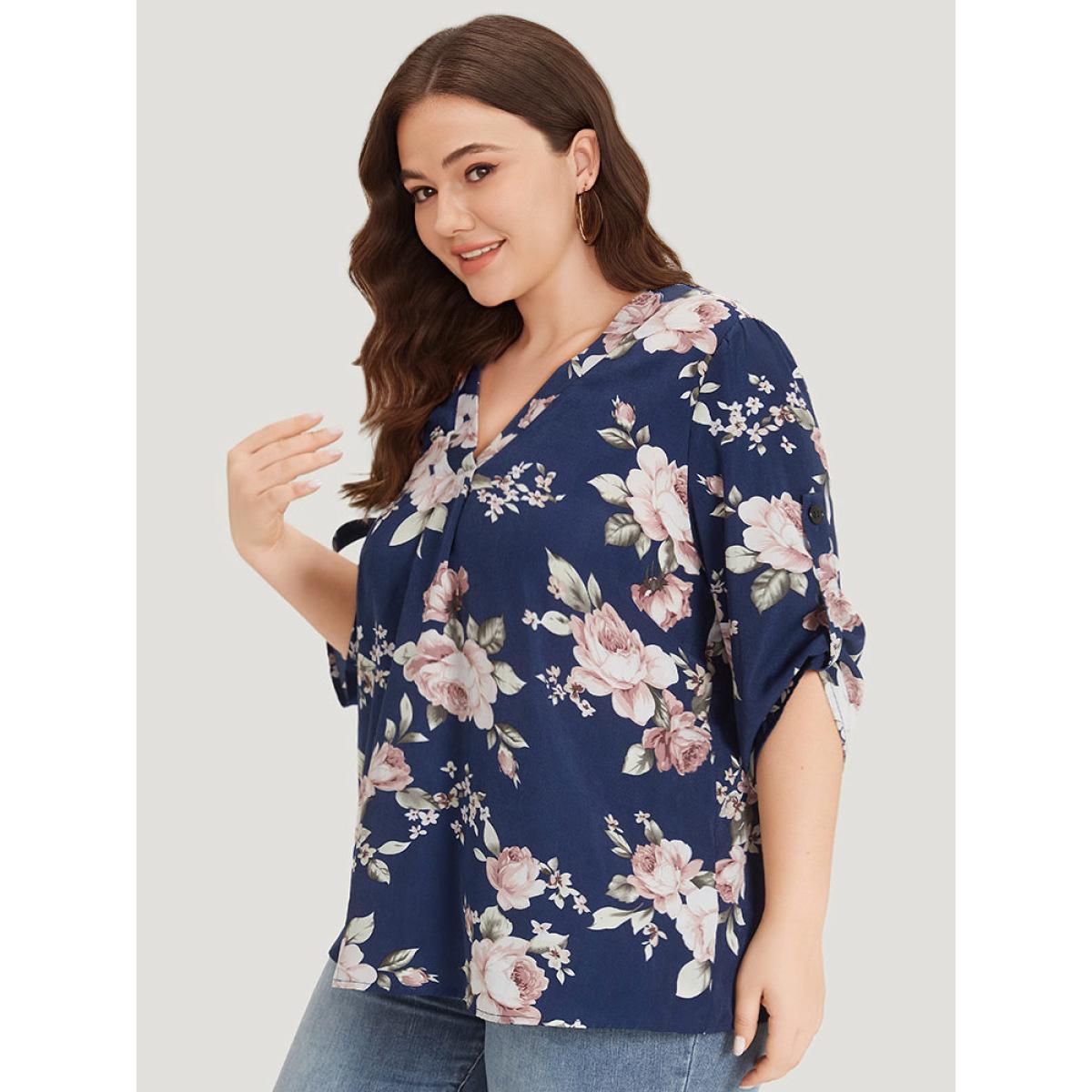 Plus Size Indigo Floral Print V Neck Plicated Detail Tab Sleeve Blouse Women Elegant Half Sleeve V-neck Dailywear Blouses BloomChic 10/M Product Image