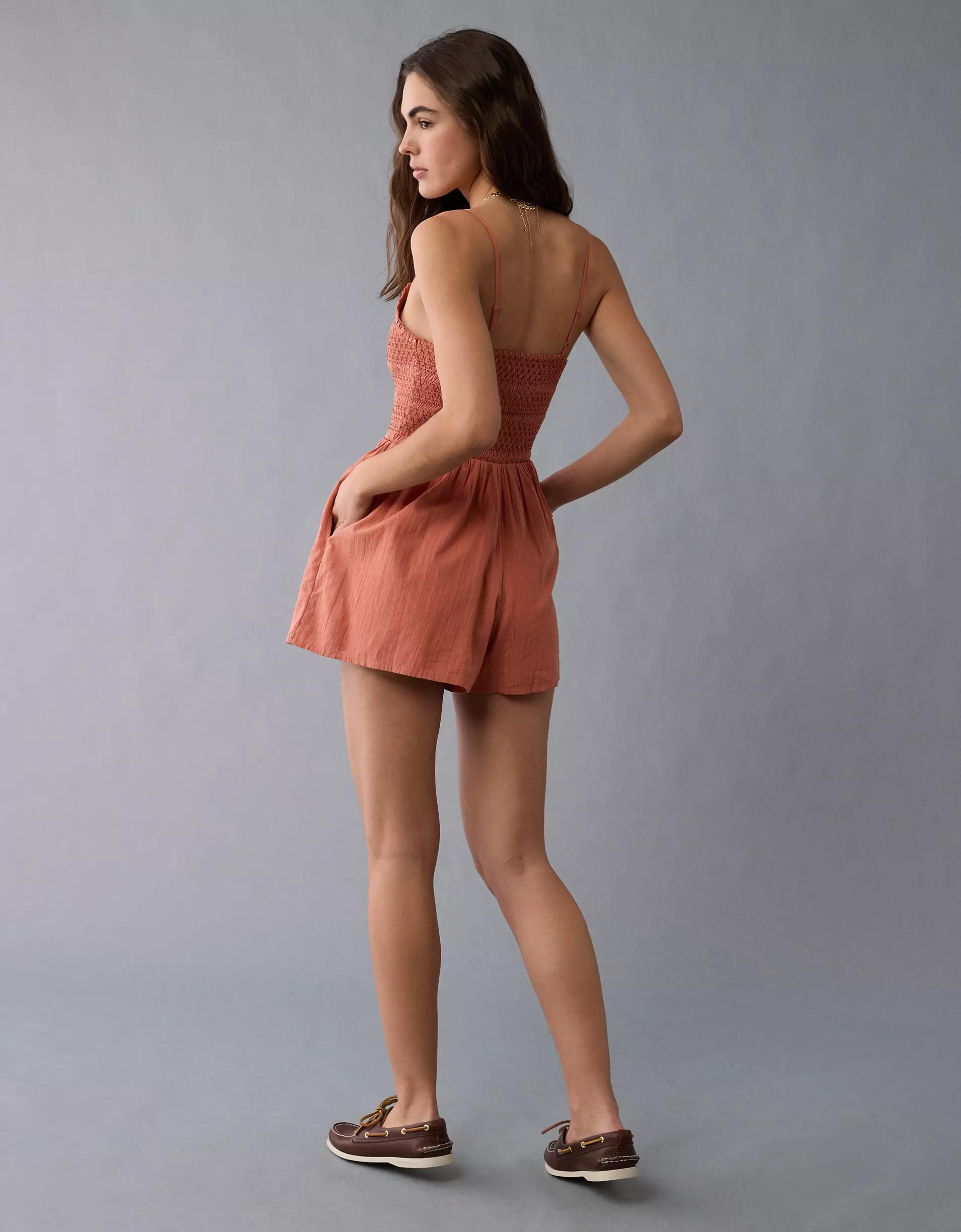 AE Textured Smocked V-Neck Romper Product Image