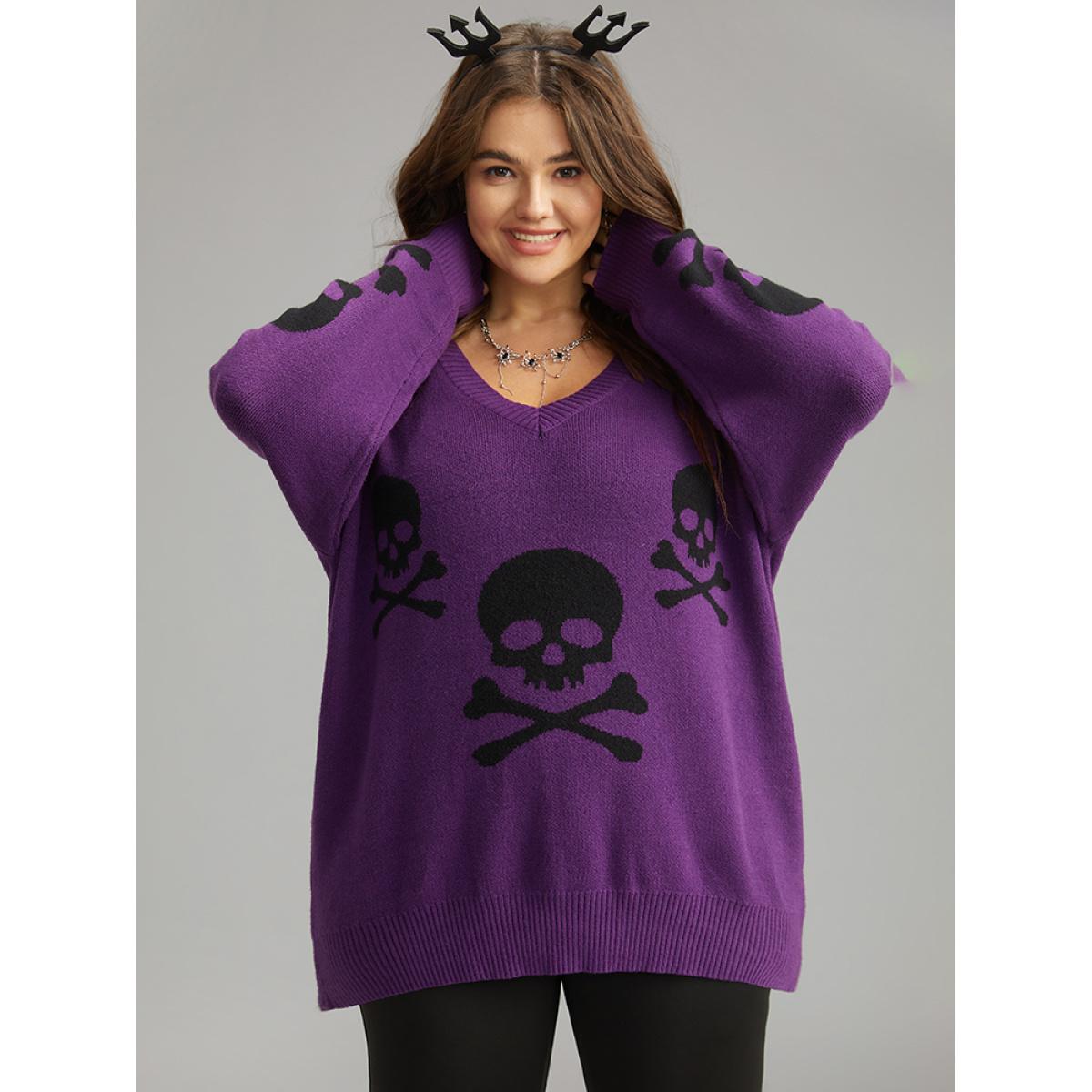 Plus Size Supersoft Essentials Halloween Skull Print V Neck Pullover Purple Women Casual Long Sleeve V-neck Festival-Halloween Pullovers BloomChic 18-20/2X Product Image