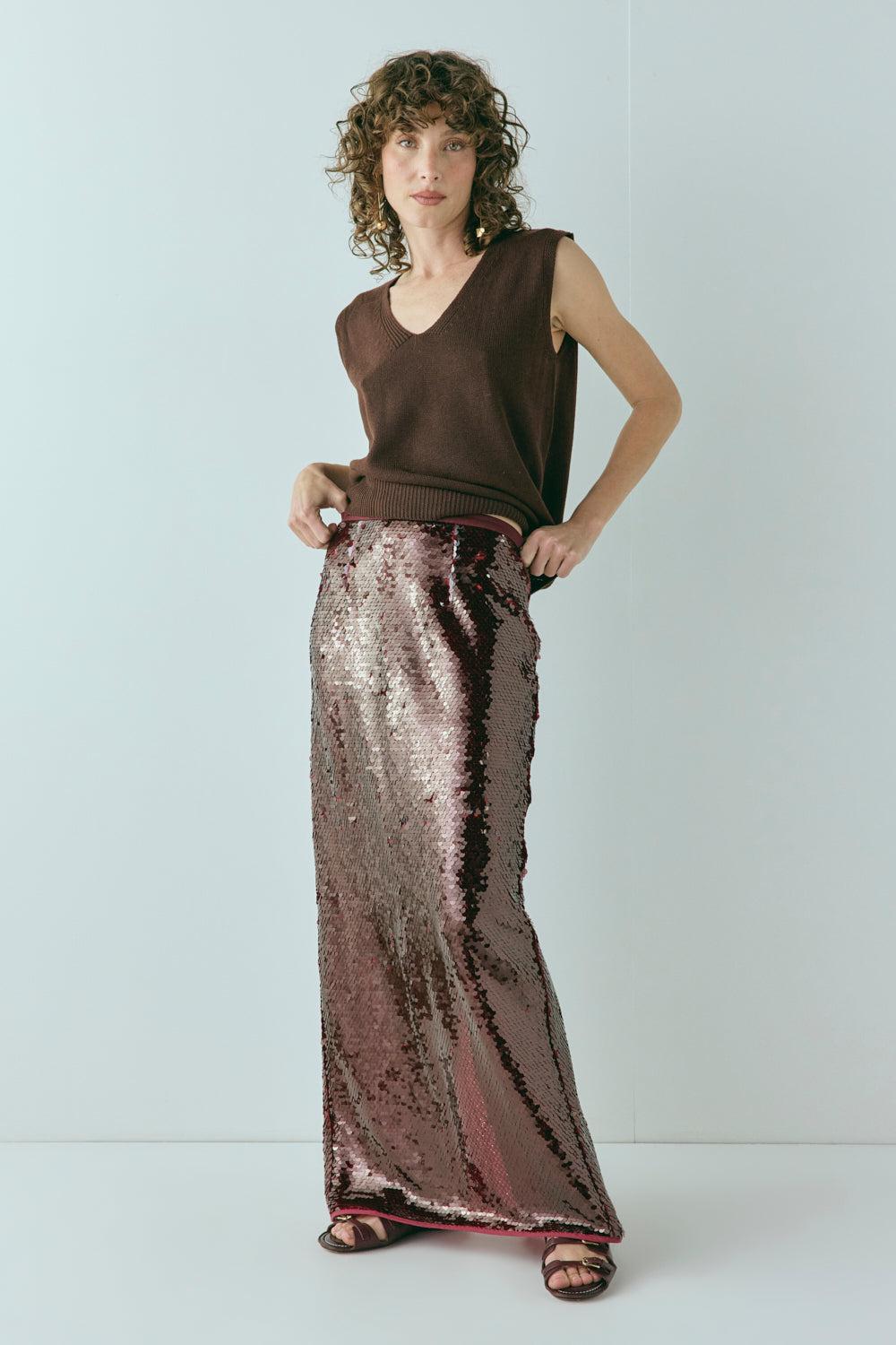Devyn Sequin Midi Skirt Wine Product Image