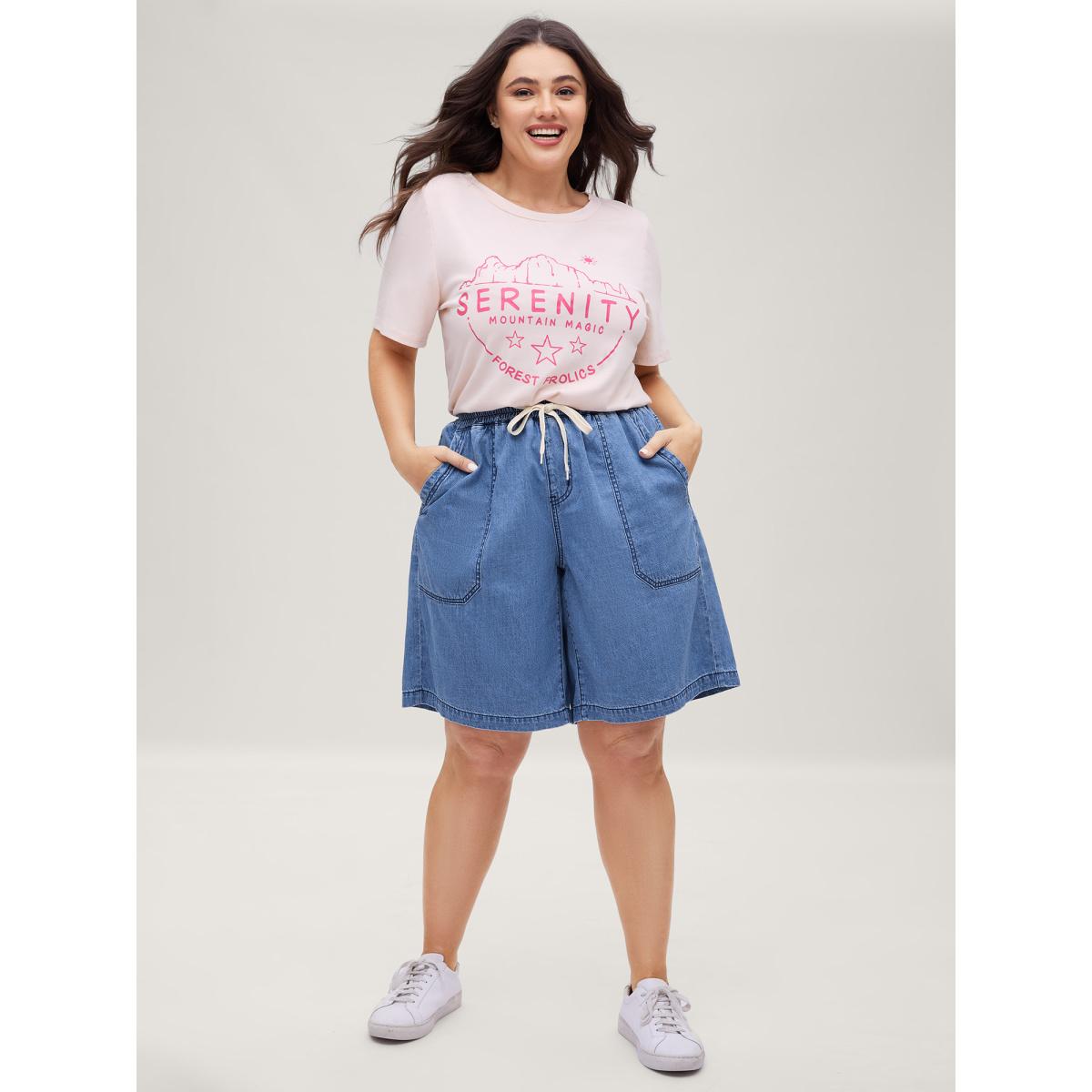 Plus Size Cotton Stretchy Waist Drawstrings Denim Shorts Women Midblue No stretch Casual Slanted pocket Leisure Denim Shorts BloomChic 20/2X Product Image