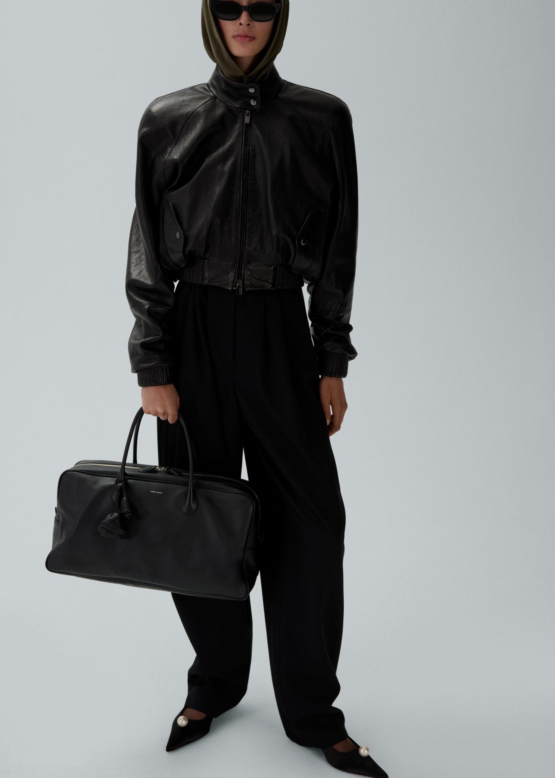 Cropped leather bomber jacket in black Product Image