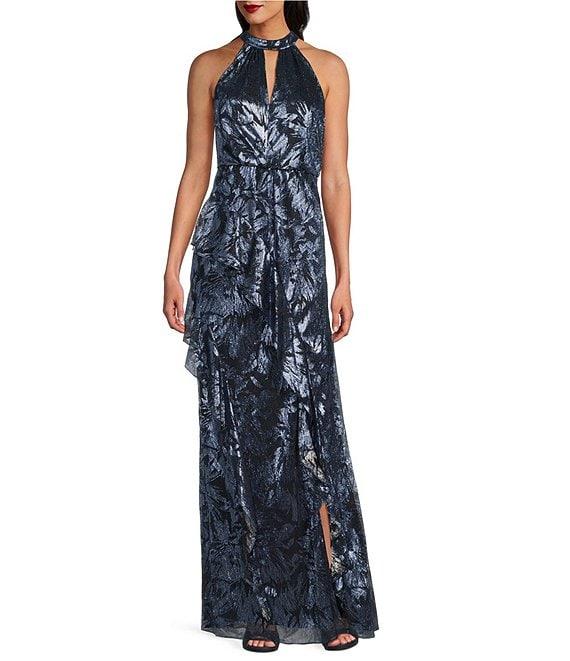 Adrianna Papell Keyhole Halter Neck Sleeveless Floral Print Metallic Crinkle Ruffle Gown Product Image