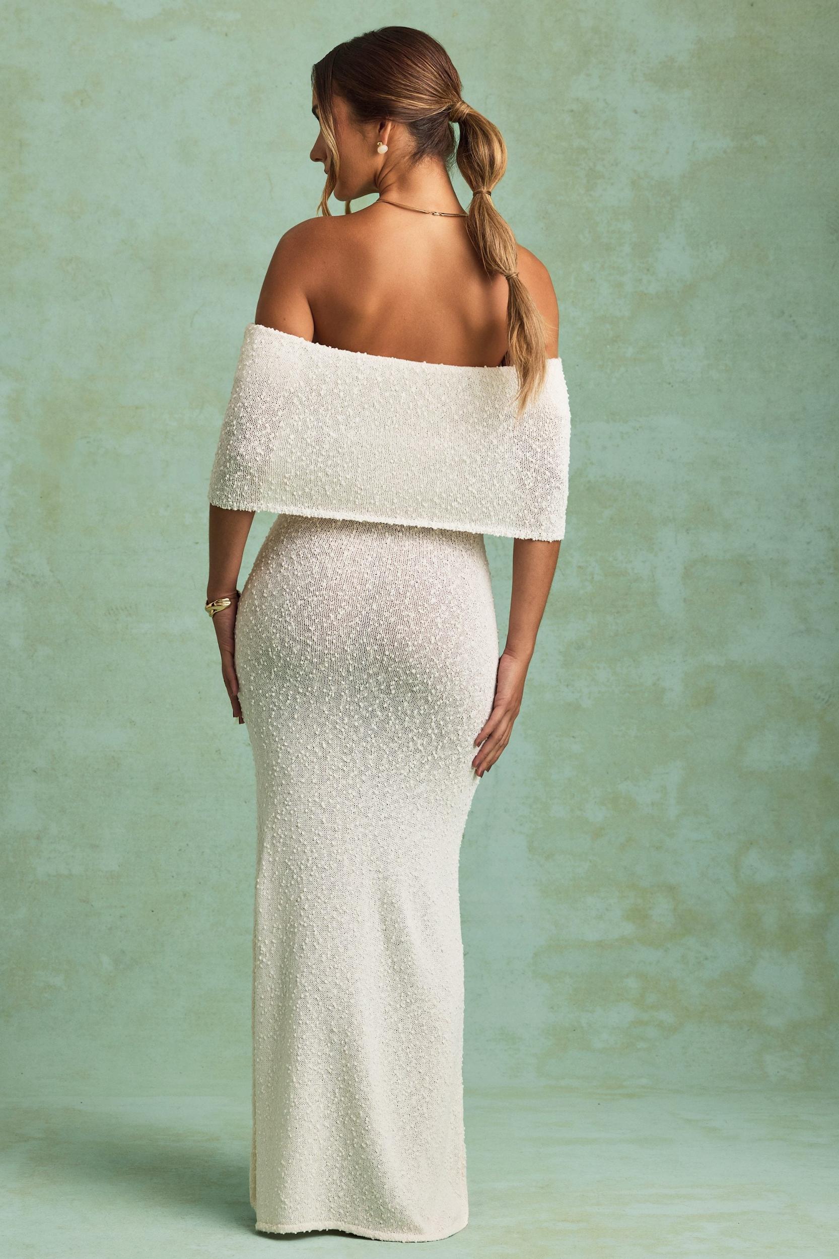 Bouclé Off-Shoulder Maxi Dress in White Girls Product Image