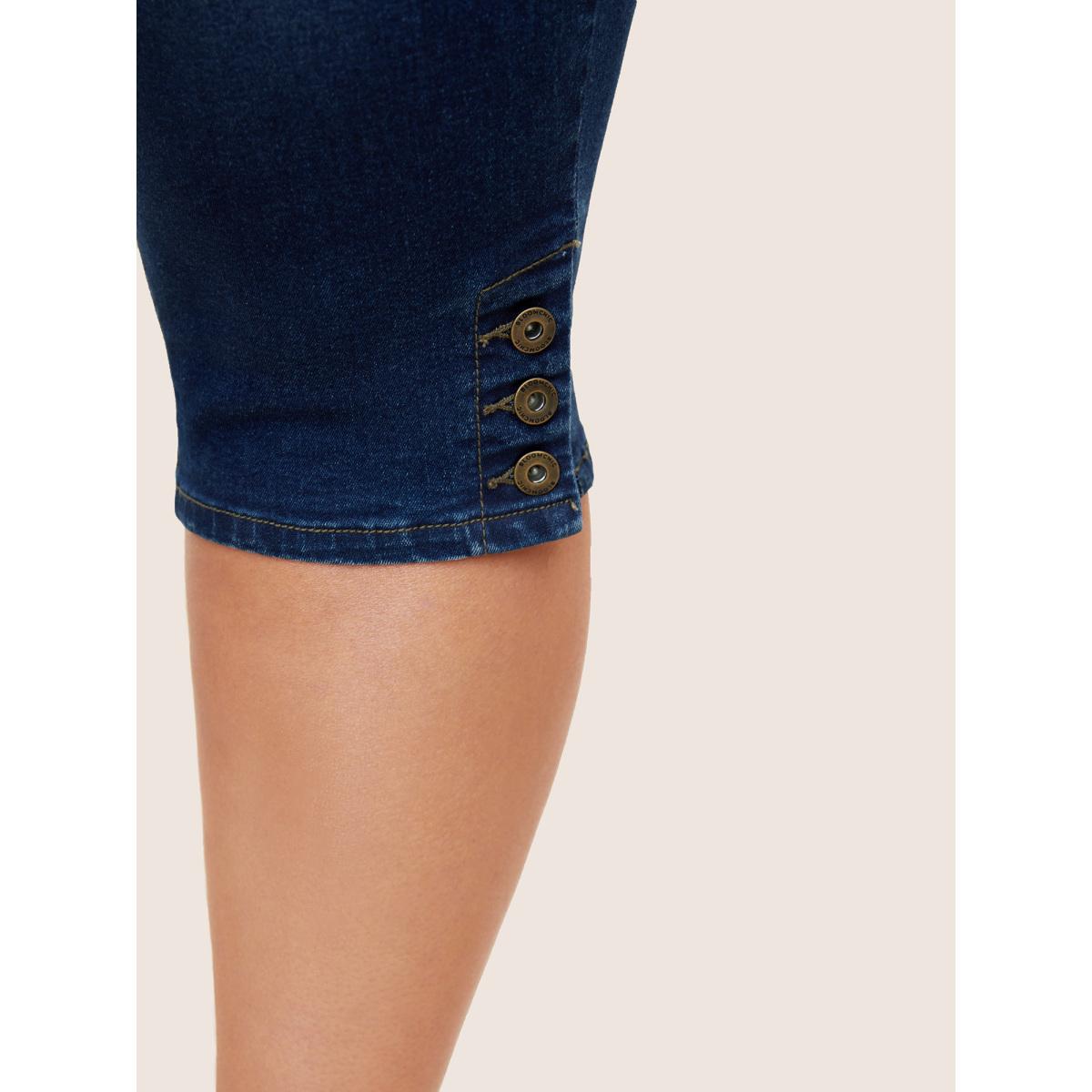 Plus Size High stretch Dark Wash Button Hem Cropped Jeans Women Blue Elegant Button High stretch Slanted pocket Jeans BloomChic 18/2X Product Image