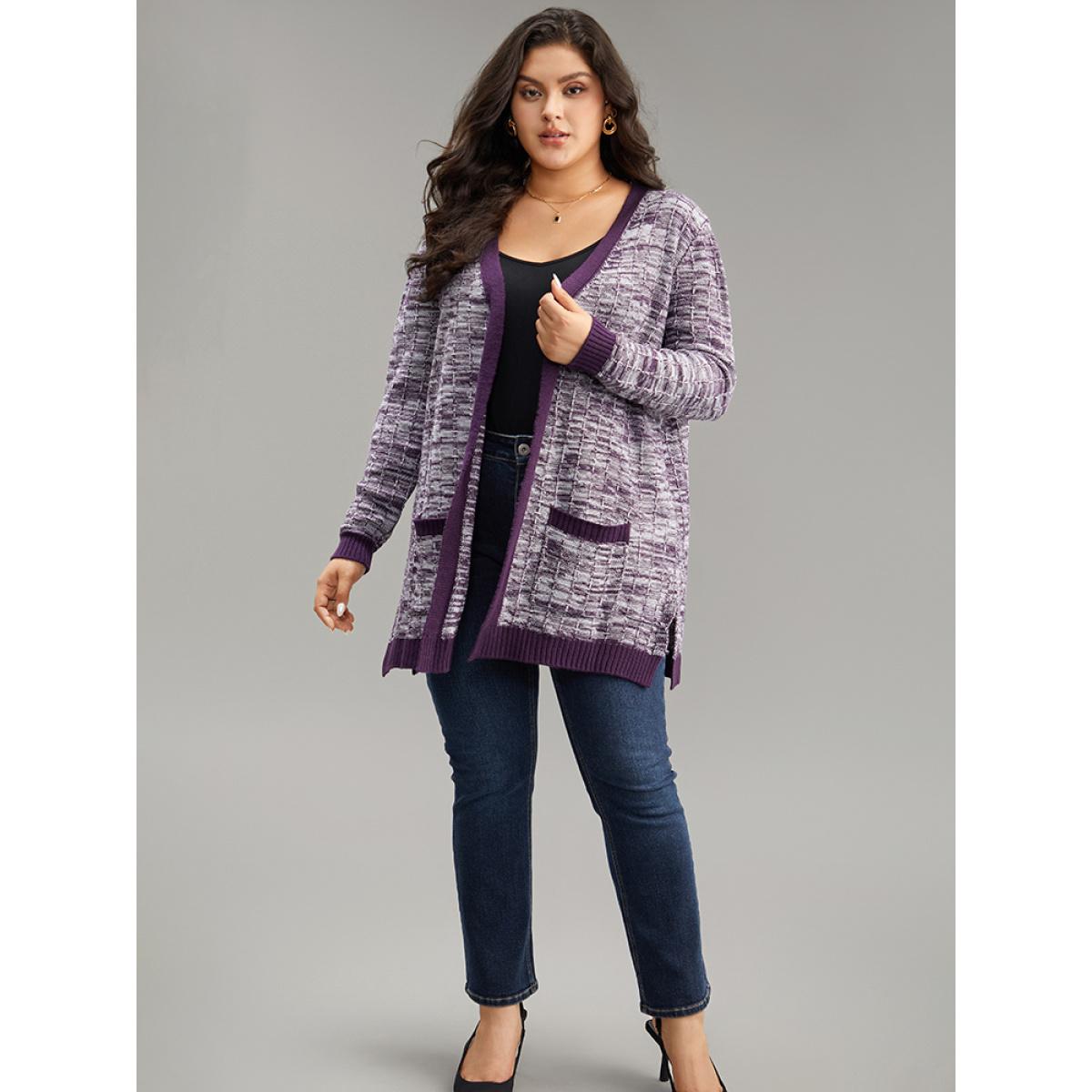 Plus Size Heather Split Side Patched Pocket Cardigan Eggplant Women Casual Loose Long Sleeve Dailywear Cardigans BloomChic 26/4X Product Image
