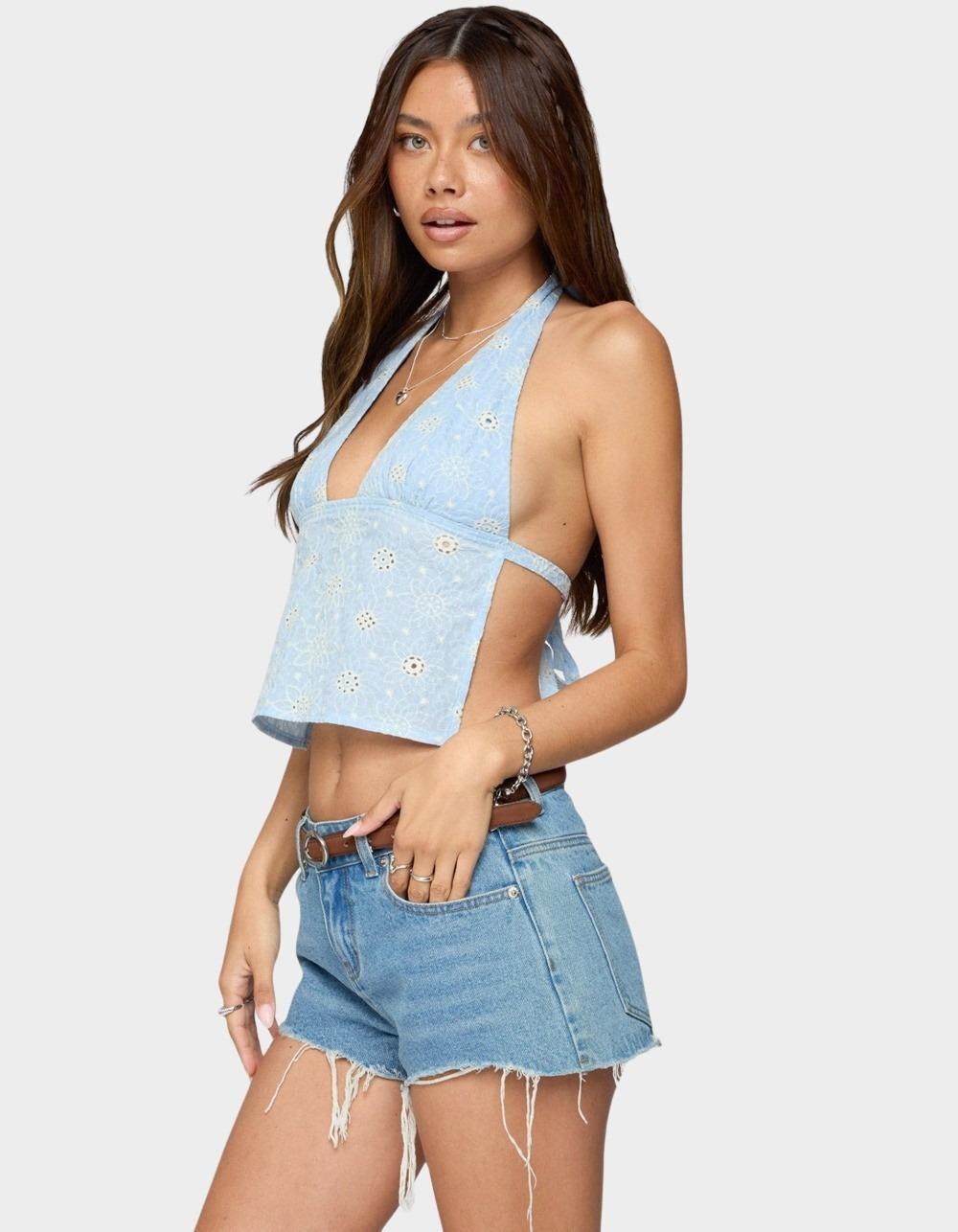 EDIKTED Floral Eyelet Backless Halter Top - BLUE Product Image