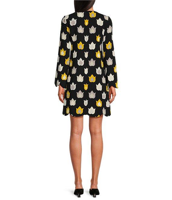 Tara Jarmon Ruoda Crepe Woven Flame Print Round Neck Long Sleeves Shift Dress Product Image