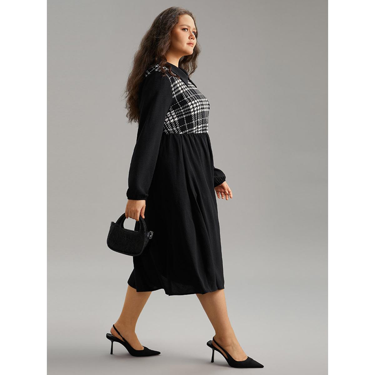 Plus Size Plaid Patchwork Lapel Collar Pocket Dress Black Women Office Patchwork Lapel Collar Long Sleeve Curvy Midi Dress BloomChic 10/M Product Image