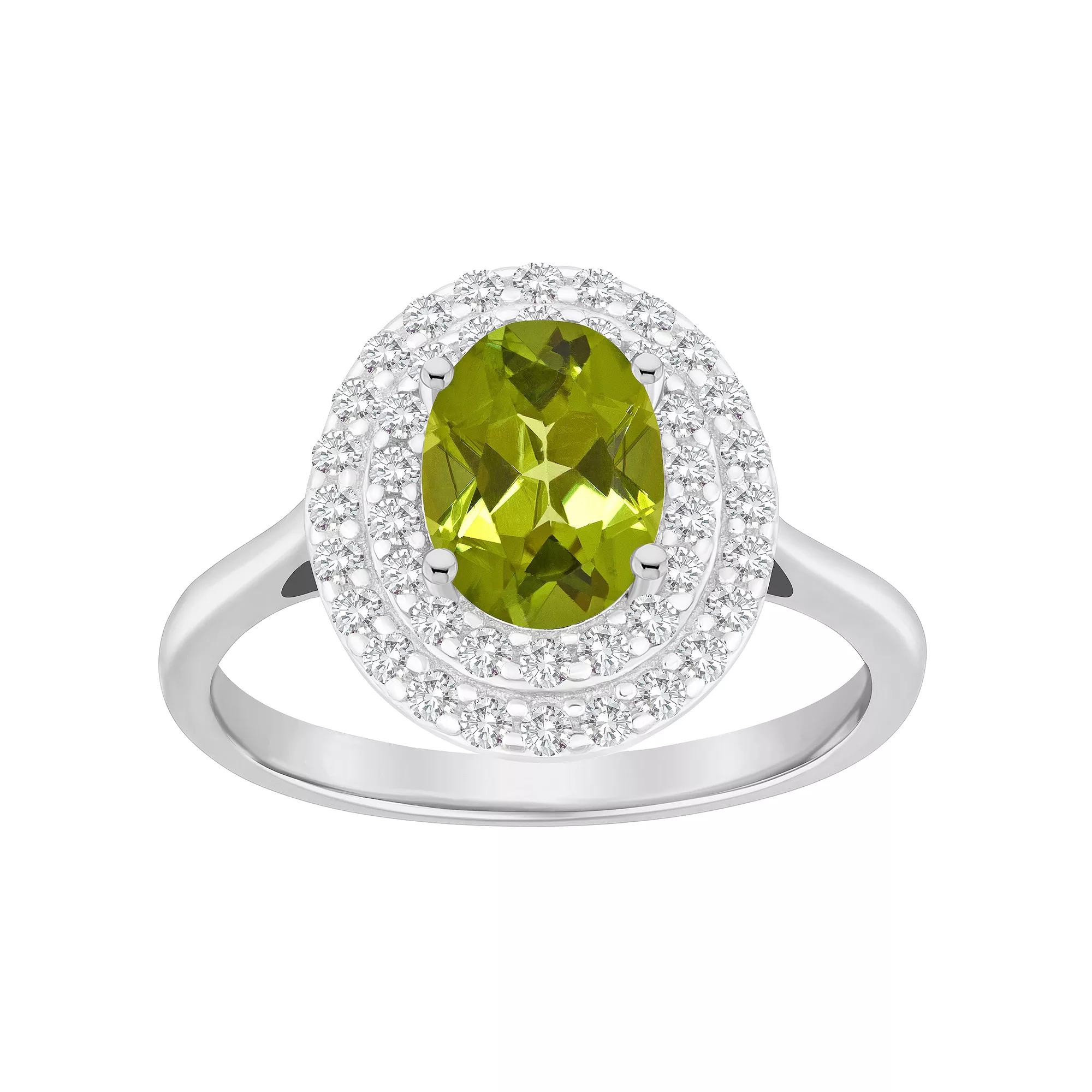 Celebration Gems Sterling Silver Oval-Cut Peridot & White Topaz Double Halo Ring, Women's,  Product Image