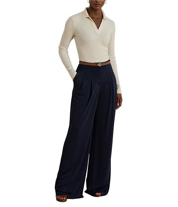 Lauren Ralph Lauren Ribbed Knit V-Neck Johnny Collar Long Sleeve Top Product Image