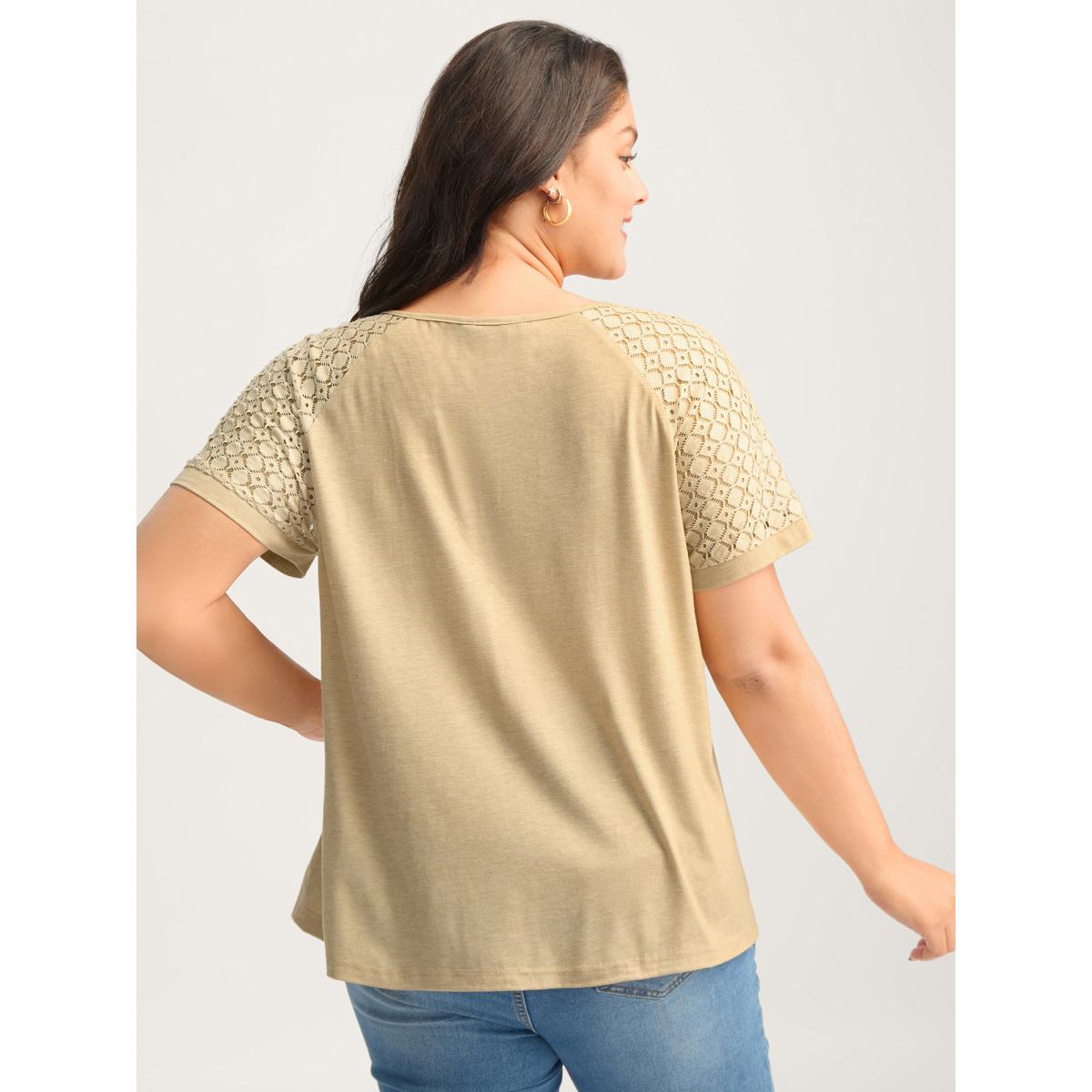Plus Size Sheer Lace Sleeve Spliced Solid T-Shirt Champagne Women Woven ribbon&lace trim Round Neck Everyday-Casual T-shirts BloomChic 30/6X Product Image