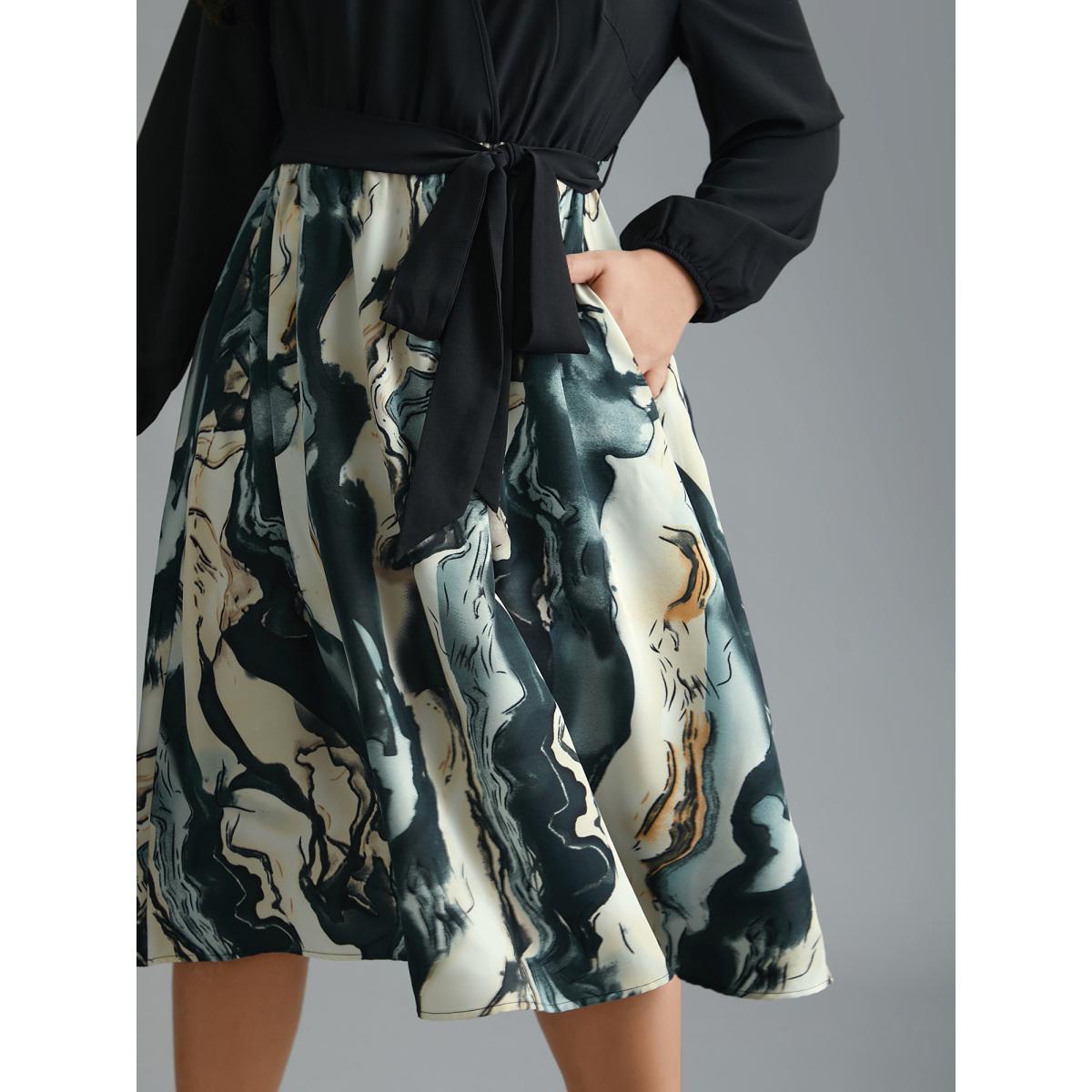 Plus Size Surplice Neck Marble Print Belted Dress Black Women At the Office Belted Overlap Collar Long Sleeve Curvy BloomChic 10/M Product Image