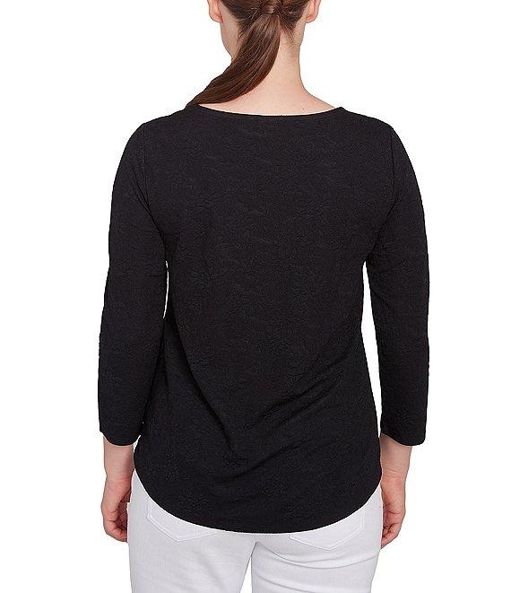 Ruby Rd. Petite Size Solid Paisley Floral Textured Knit Double Bar Detail Top Product Image