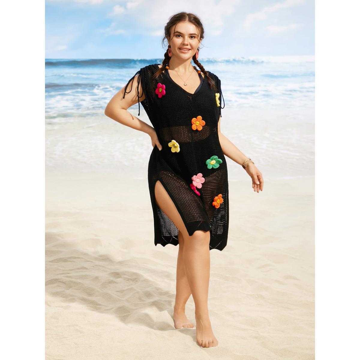 Plus Size Stereo Flower Design Drawstring Swim Cover Up Women's Swimwear Black Beach Loose Crochet Curve Swim Cover Ups BloomChic 26/4X Product Image