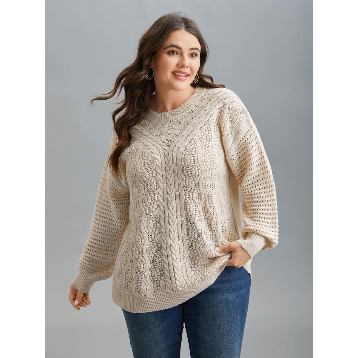 Plus Size Cable Knit Hollow Out Textured Pullover Apricot Women Casual Loose Long Sleeve Round Neck Everyday Pullovers BloomChic 28/5X Product Image