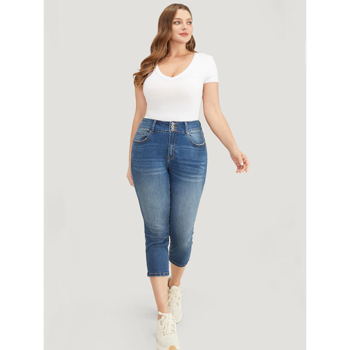 Plus Size Very Stretchy High Rise Medium Wash Cropped Jeans Women Blue Casual Plain High stretch Jeans BloomChic 22/3X Product Image