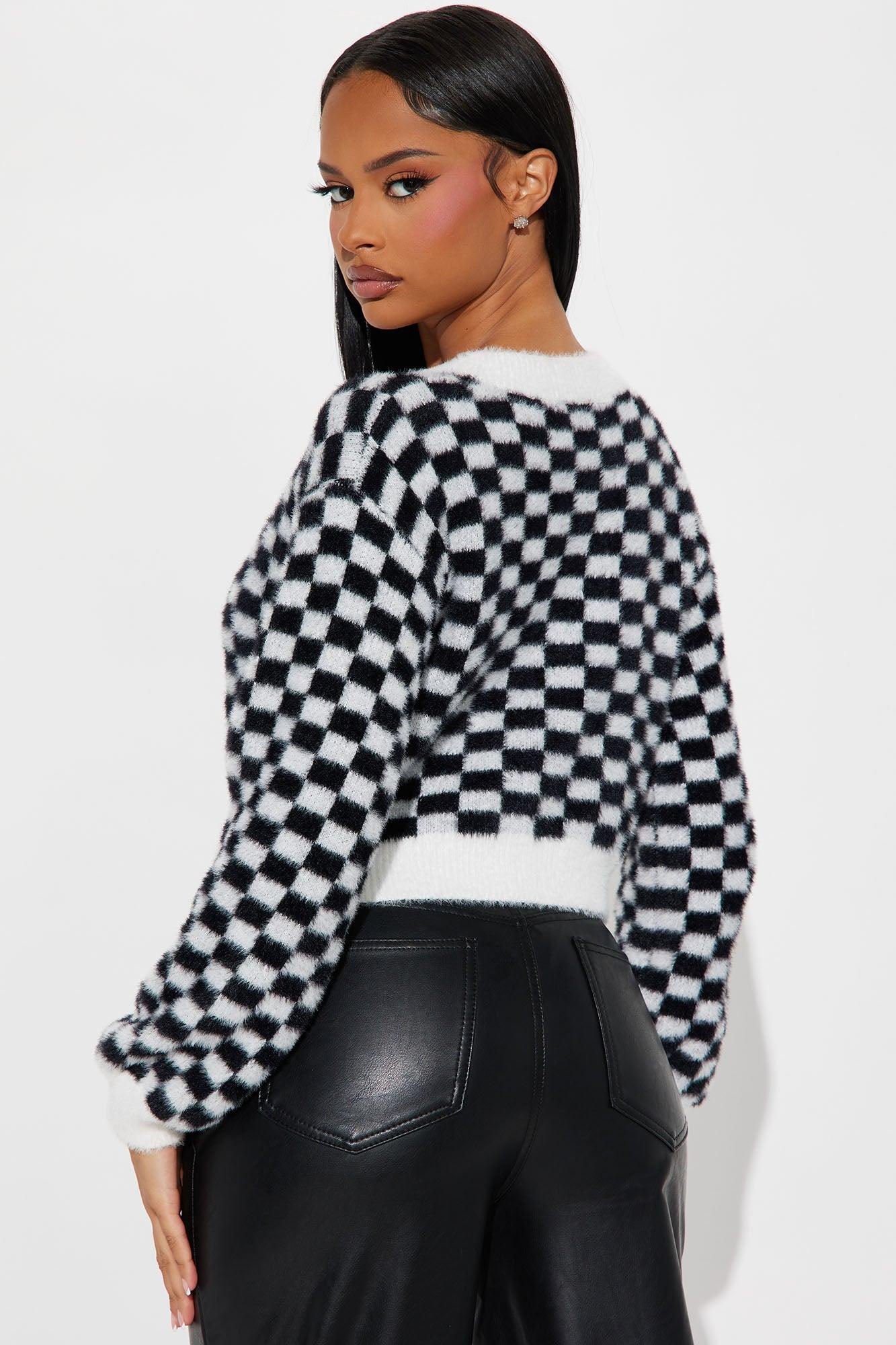 Nonsense Checkered Cropped Cardigan - Black/White Product Image