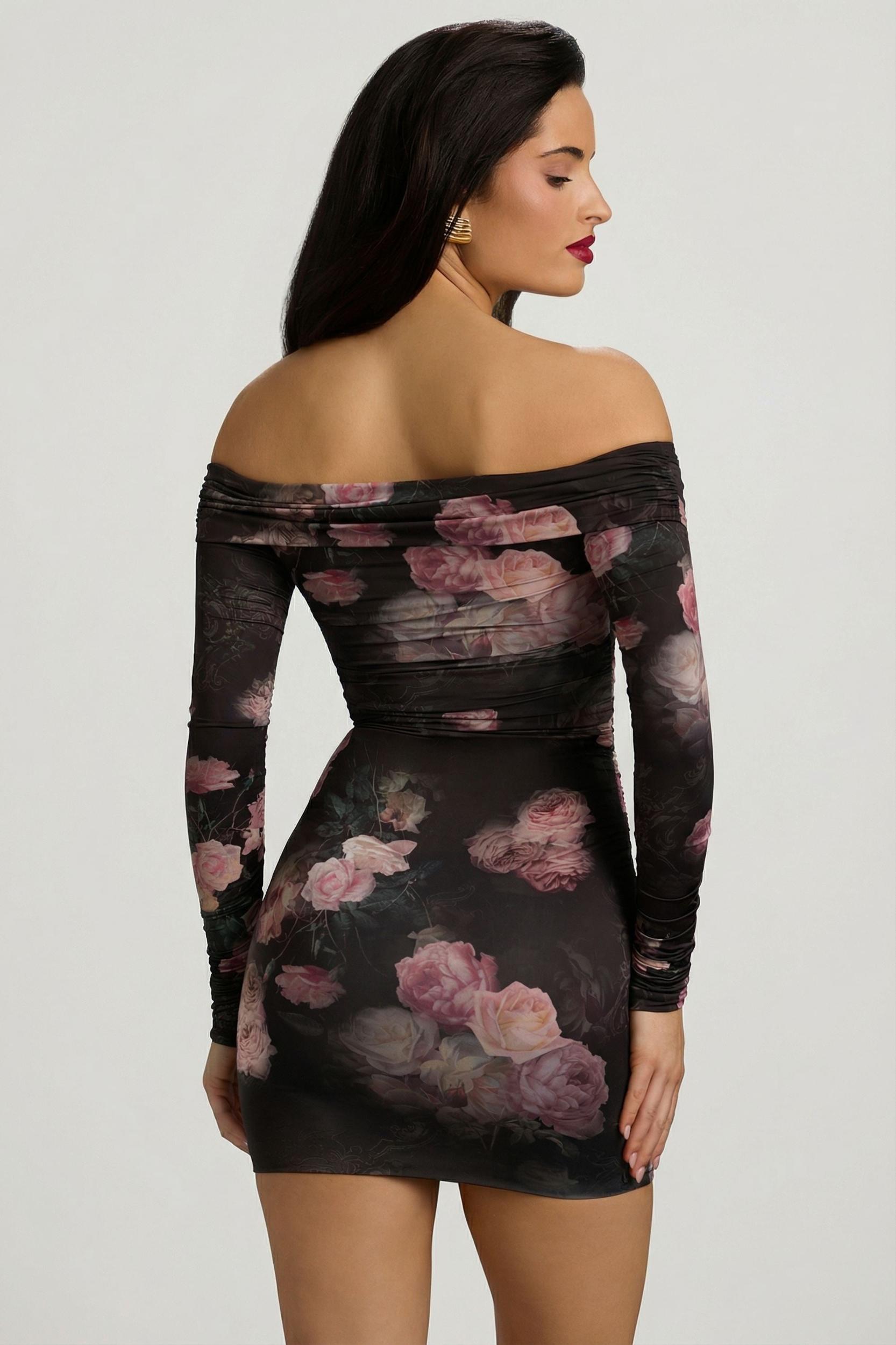 Off-Shoulder Ruched Bodycon Mini Dress in Black Floral Print Female Product Image