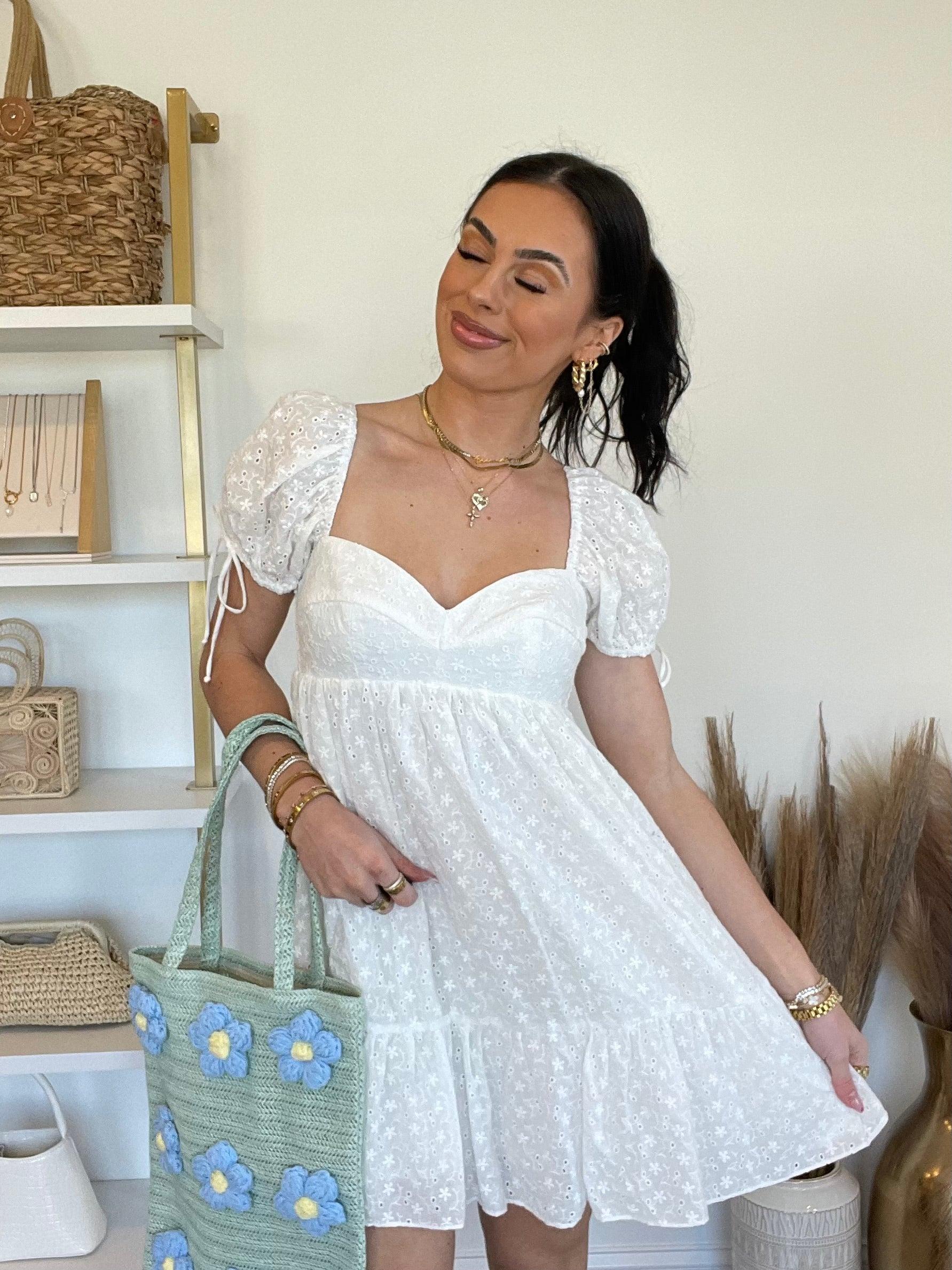 FINAL SALE Bardot Eyelet Babydoll Dress | White Product Image