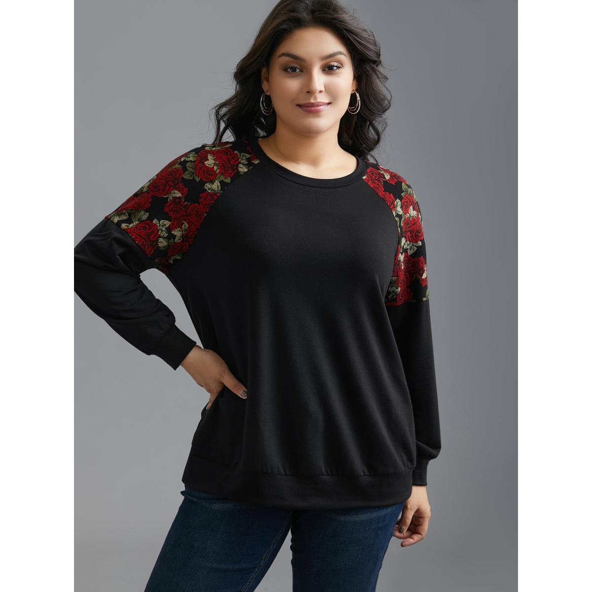 Plus Size Floral Raglan Sleeve Stretchy Fitted Sweatshirt Women Black Casual Contrast Round Neck Everyday Sweatshirts BloomChic 14-16/1X Product Image