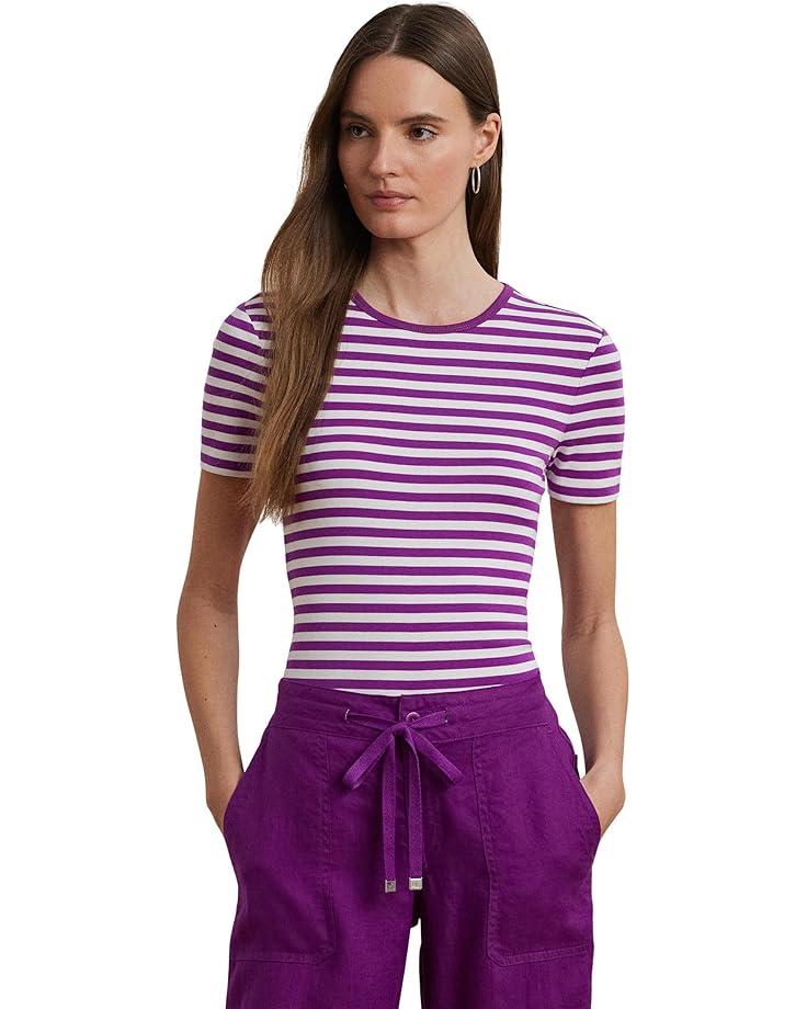 Striped Cotton Elbow-sleeve V-neck Tee Product Image