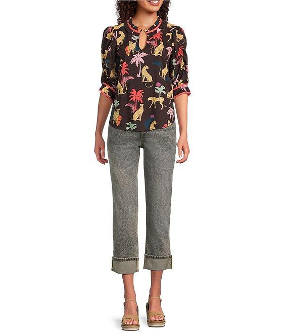 Democracy Woven Animal Plam Print Ruffle Split V-Neck Ruched Elbow Sleeve Top Product Image