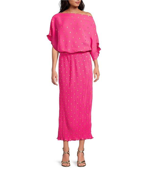 Never Fully Dressed Tilly Plisse Gold Fleck Print One Shoulder Neck Short Sleeve Maxi Dress Product Image