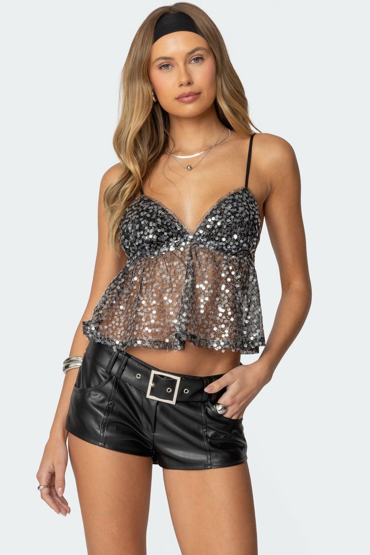 Sheer Sequin Babydoll Tank Top Product Image