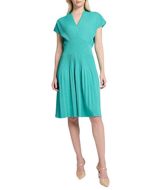 Ming Wang x Tanya Foster Ribbed Knit V-Neck Short Sleeve Fit-And-Flare Dress Product Image