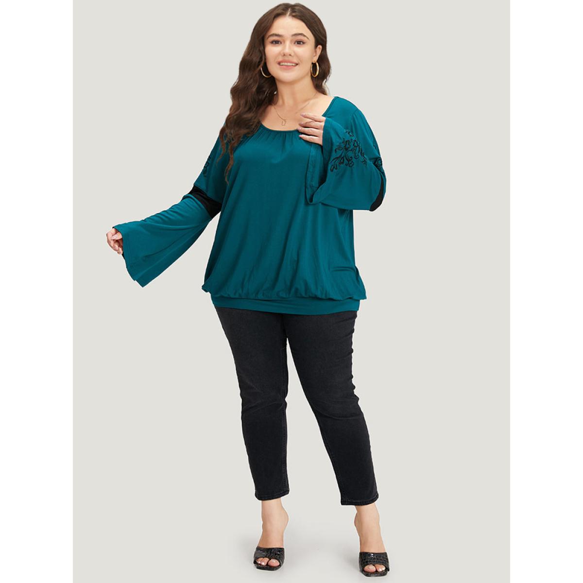 Plus Size Supersoft Essentials Floral Embroidered Patchwork Bell Sleeve T-shirt Aegean Women Casual Patchwork Silhouette Floral Print Round Neck Dailywear T-shirts BloomChic 28/5X Product Image