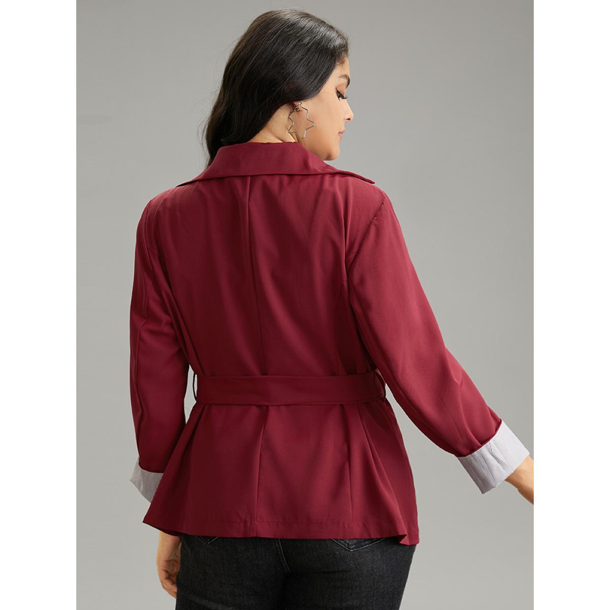 Plus Size Twill Lapel Collar Belted Button Up Buckle Detail Coat Women Burgundy Casual Plain Ladies Dailywear Winter Coats BloomChic 28/5X Product Image