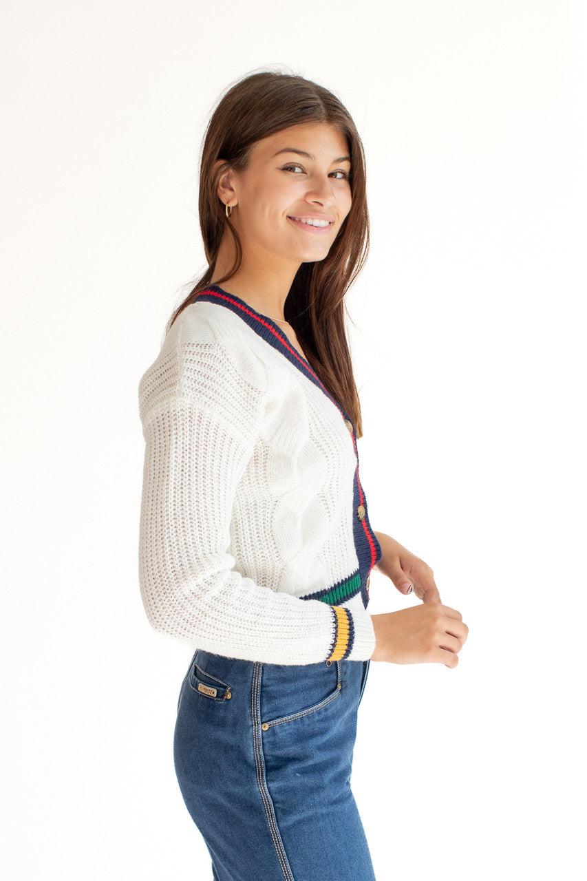 White Cable Knit Varsity Cardigan Product Image