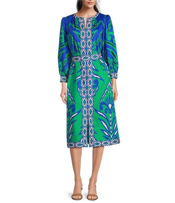 tyler boe Kelsey Printed Notch Neck Puff Shoulder Bracelet Sleeve Midi Dress Product Image