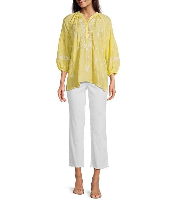 Calessa Textured Embroidered Split V-Neck 3/4 Sleeve Tunic Product Image