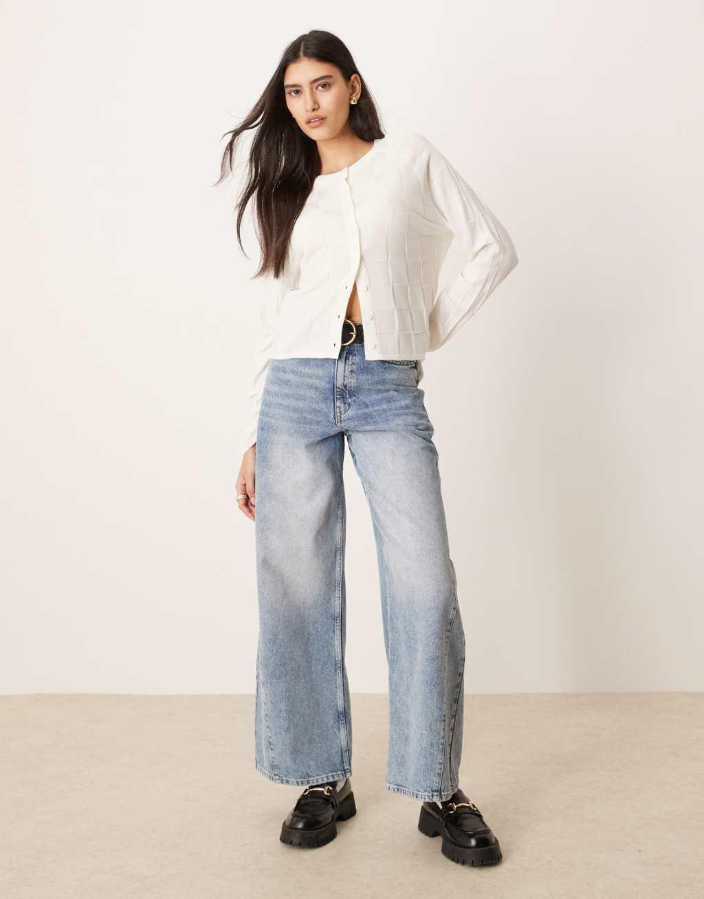 ASOS DESIGN knitted compact stitch crew neck cardigan in cream Product Image