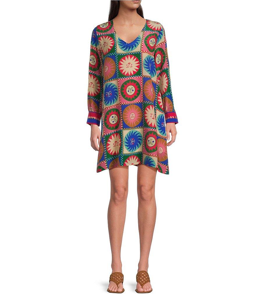 JOHNNY WAS Silk Tile Geometric Sun Print V-Neck Long Sleeve Cuffed Shift Dress Product Image