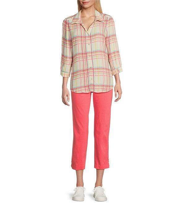 Allison Daley Coral Plaid Print 3/4 Sleeve Point Collar Button Front Shirt Product Image