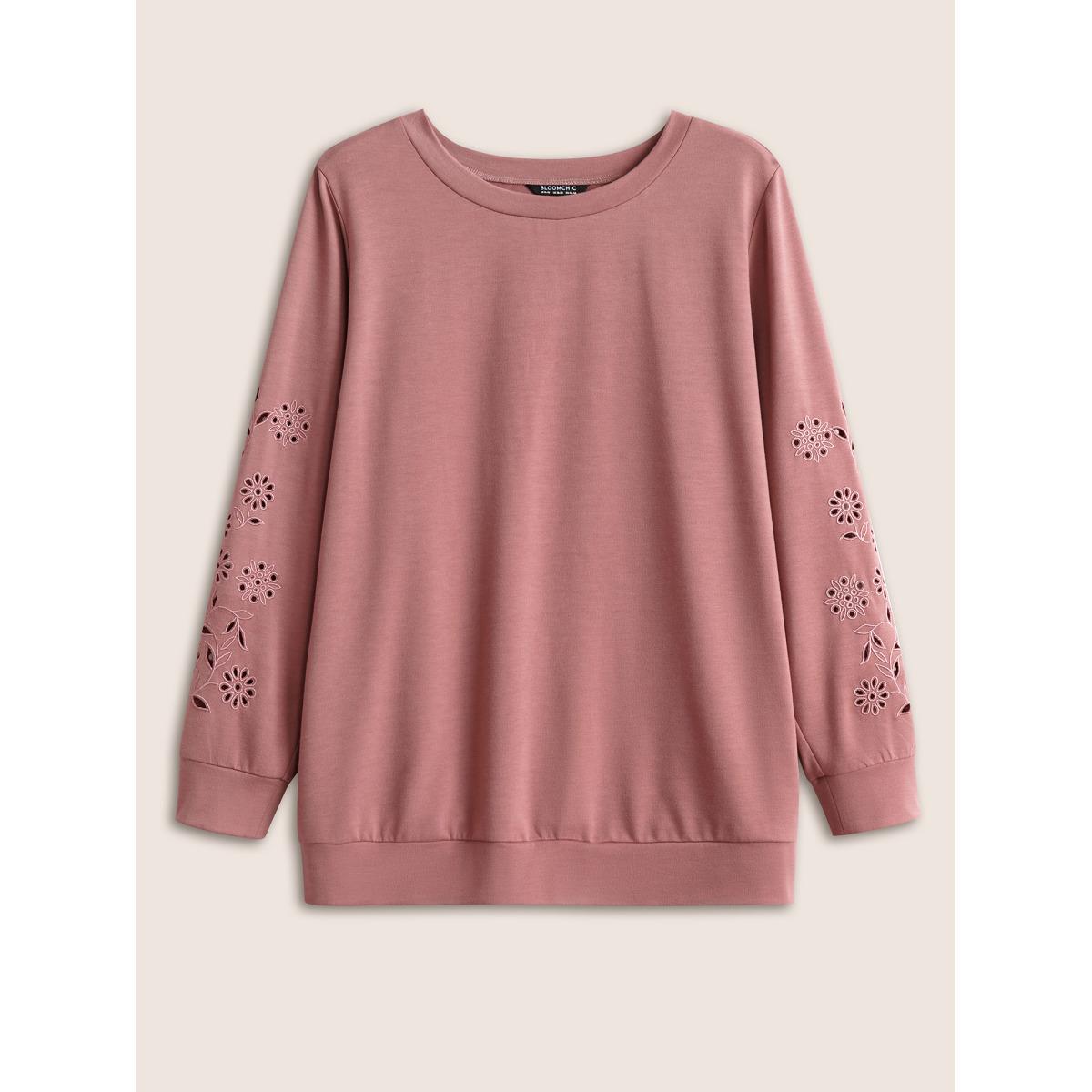 Plus Size Solid Broderie Anglaise Crew Neck Sweatshirt Women DustyPink Elegant Non Round Neck Everyday Sweatshirts BloomChic 22-24/3X Product Image