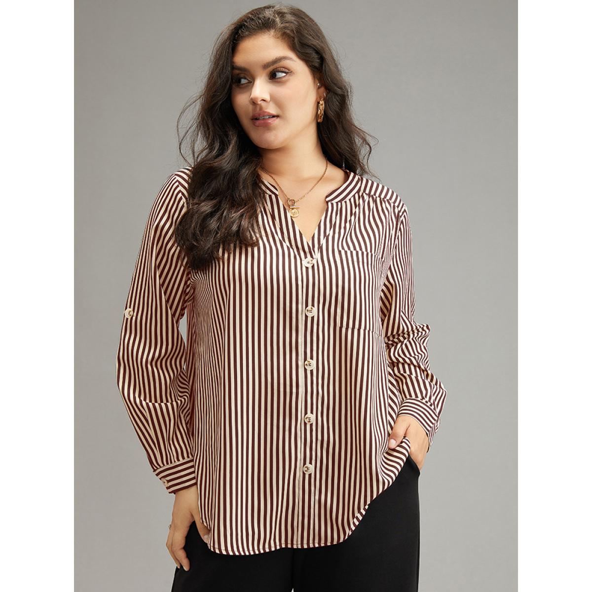 Plus Size Brown Striped Notched Button Through Blouse Women Office Long Sleeve Shirt collar Work Blouses BloomChic 18-20/2X Product Image