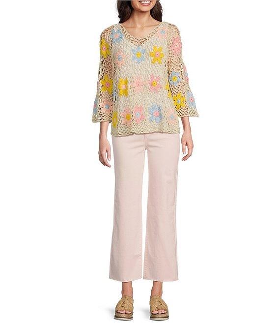 Charlie B. Crochet Floral Knit Round Neck Long Sleeve Top Product Image