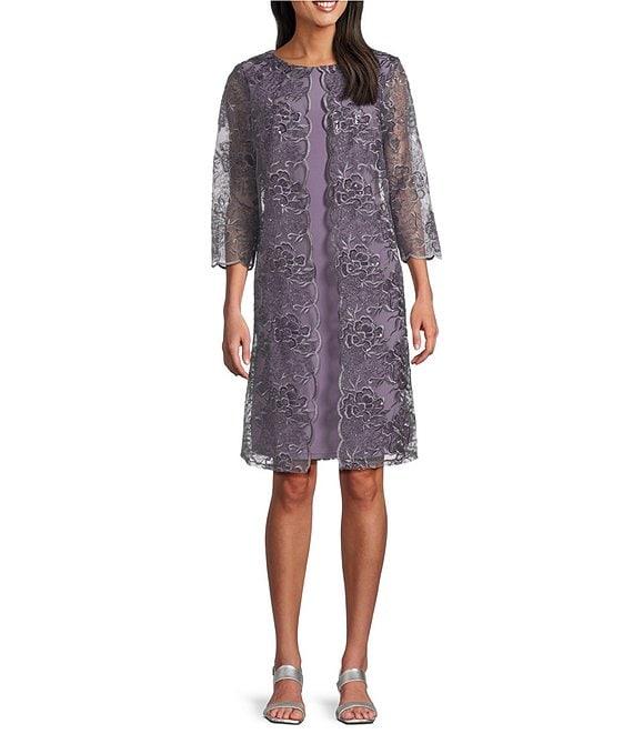 Alex Evenings Crew Neck 3/4 Sleeve Embroidered Stretch Tulle Mock Jacket Dress Product Image