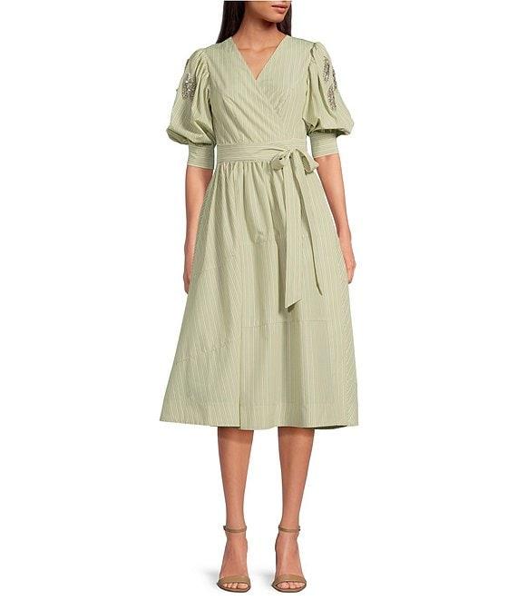 A Loves A Woven Pinstripe Rhinestone Embellished 3/4 Bubble Sleeve Surplice V-Neck Flounce Wrap Midi Dress Product Image