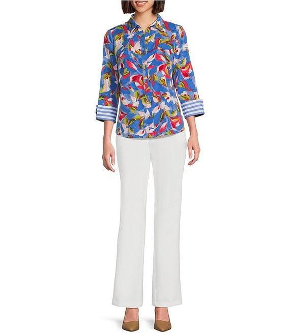Investments Woven Whimsy Floral Stripe 3/4 Sleeve Point Collar Button Front Split Cuff Top Product Image