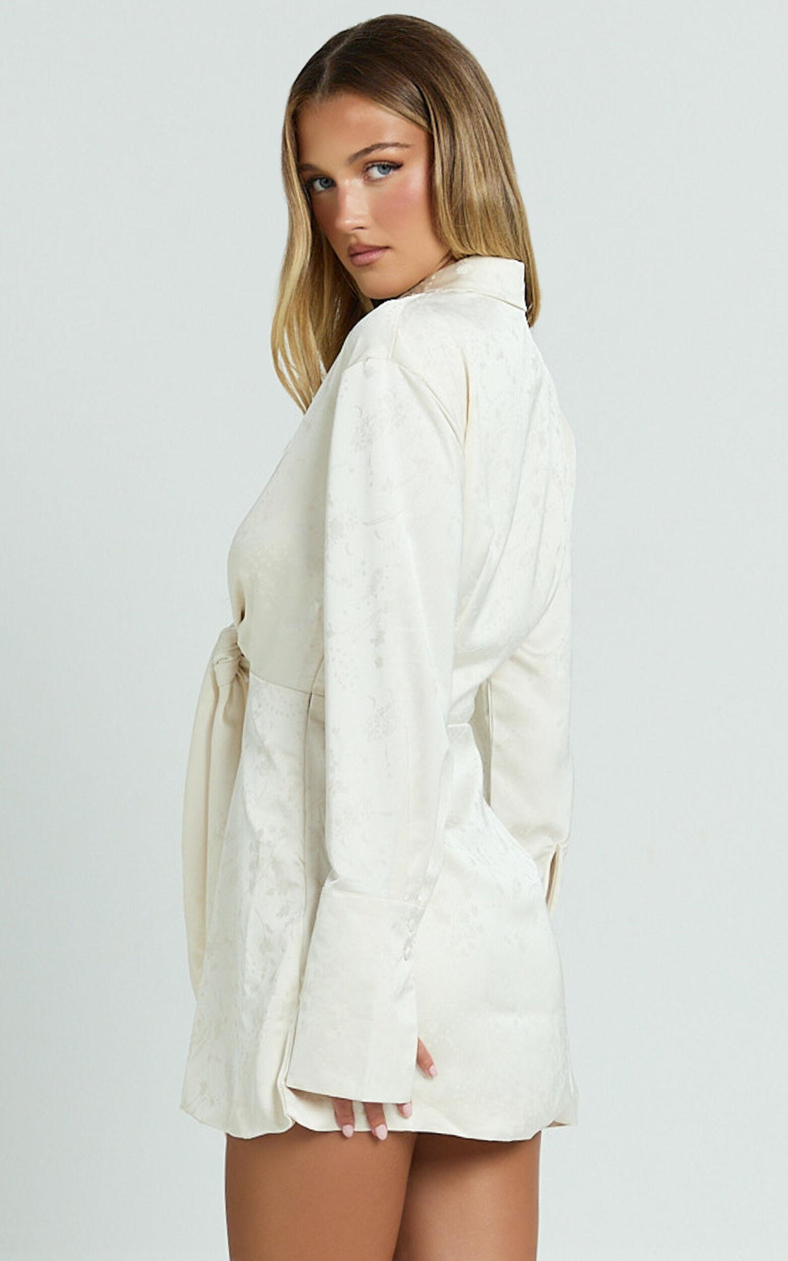 Paola Mini Dress - Tie Front Collared Skirt Dress in Off White Product Image