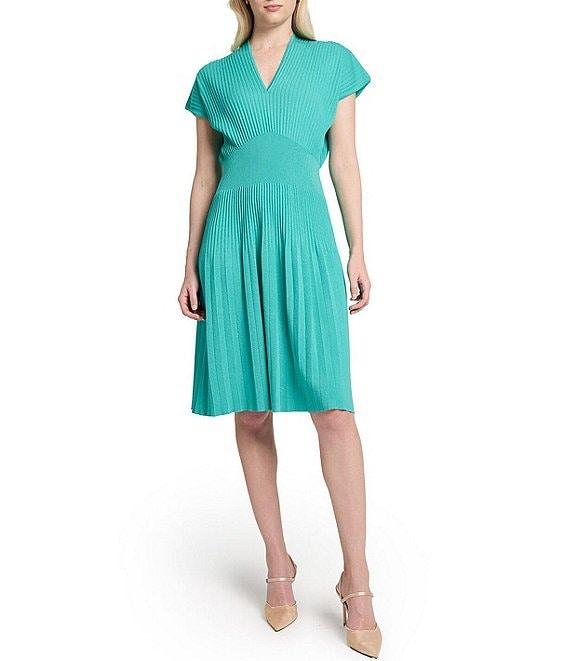 Ming Wang x Tanya Foster Ribbed Knit V-Neck Short Sleeve Fit-And-Flare Dress Product Image